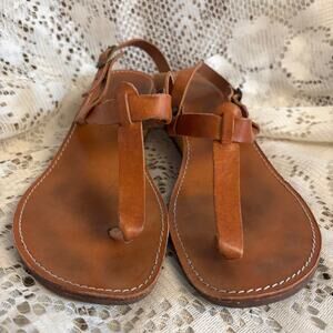 Women's Brown Leather T-Strap Sandals